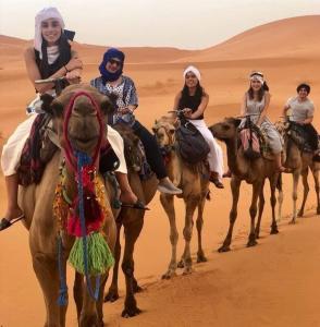 梅尔祖卡Hotel Riad Le Petit Prince的一群人在沙漠骑骆驼