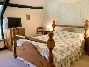 锡德茅斯The Barn and Pinn Cottage的一间卧室配有木床和电视