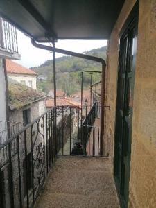 里瓦达维亚Casiña da Madalena的一条小巷,阳台上有一只猫坐在上面
