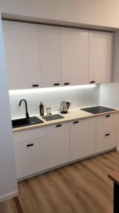 索波特Apartament 4 Piętro的厨房配有白色橱柜和水槽