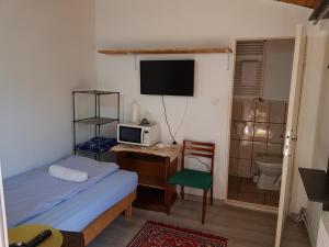 德瓦Hompot Accommodation的一间卧室配有一张床和一张书桌及电视