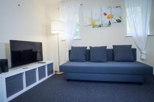 纽伯里Central studio in quiet area的客厅配有蓝色的沙发和平面电视。