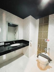 勿洞Garden View Betong Hotel的一间带卫生间、水槽和镜子的浴室