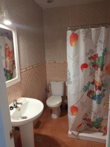 塞维利亚atico centrico nervion的浴室设有卫生间、水槽和淋浴帘