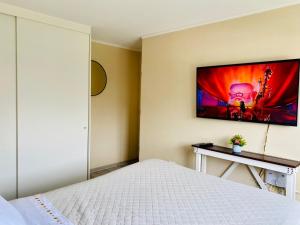 奥索尔诺Refugio Los Volcanes.的卧室配有一张床,墙上配有电视。