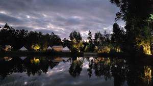卡扬贝Palumbo Glamping & Villas的享有湖泊的树木和房屋的夜景