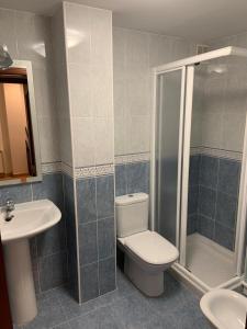费莱乔萨Apartamento Fele con garaje的浴室配有卫生间、淋浴和盥洗盆。