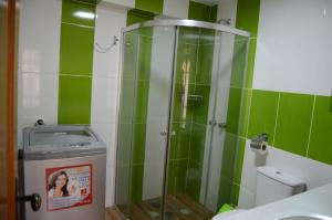 苏克雷Hermoso departamento confortable y estratégico的浴室铺有绿色瓷砖,设有淋浴。