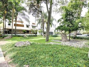 瓜达拉哈拉Hotel CLARUM 101的一座拥有岩石和树木的公园和一座建筑