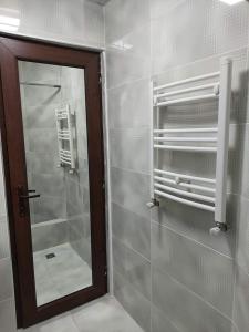 库塔伊西Hotel Devino的浴室设有玻璃淋浴间和镜子