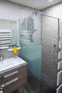 安锡55 m²/ Chez LÔrette/ 250m LAKE/ PRIVATE PARKING的一间带玻璃淋浴和水槽的浴室