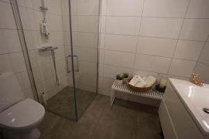 斯特兰达Fjord View Apartment的带淋浴、卫生间和盥洗盆的浴室