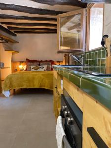 Torre del ComptePrecioso loft rural con estufa de leña panorámica的一个带水槽的厨房和一张位于客房内的床