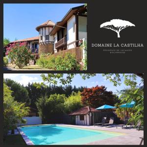 比斯卡罗斯Domaine La Castilha的两幅房子和游泳池的照片拼凑而成