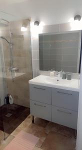 阿尔勒舒适旅馆的浴室配有白色水槽和淋浴。