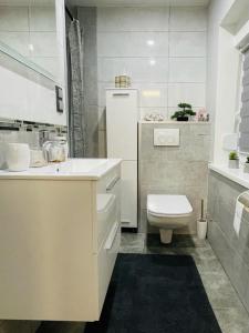 斯托尼拉斯奇Domek Zielone Centrum的白色的浴室设有卫生间和水槽。