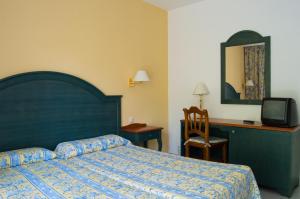 米乔尔海滩艾斯皮2旅馆的一间卧室配有一张床、一张书桌和一台电视