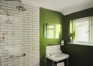 福伊老渡口旅馆的绿色和白色的浴室设有水槽和镜子