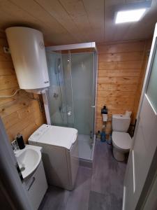 格丁尼亚Domek Letni的带淋浴、卫生间和盥洗盆的浴室