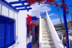 纳乌萨Serene Hill的白色的建筑,有蓝色的门和红色花的楼梯