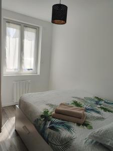 布雷斯特Joli appartement avec jardin-terrasse privé的一间卧室配有一张床,上面有两条毛巾