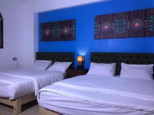 阿斯旺Villa Misk的蓝色墙壁客房的两张床