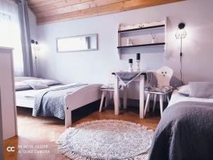 梅希莱尼采Podkowa的一间卧室配有两张床、一张桌子和一张桌子