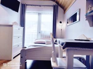 梅希莱尼采Podkowa的一间卧室配有一张床、一张书桌和一个窗户。