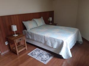 卡曼杜卡亚Casa MARAVILHOSA com 4 Suítes em Condomínio的一间卧室配有一张床和两张带台灯的桌子。