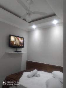 阿帕雷西达Pousada Quarto Casal com ar,frigobar, garagem的一间卧室配有一张床,墙上配有电视