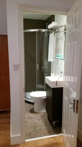 伦敦牧羊人布什公寓的浴室配有卫生间、盥洗盆和淋浴。