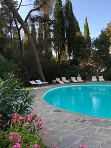 丘西博尔戈多齐亚诺度假屋的一个带躺椅和鲜花的游泳池