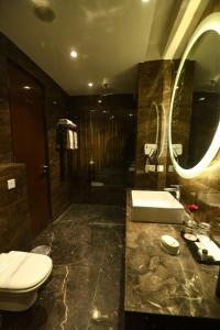 斋浦尔Stardom Resort Jaipur的一间带卫生间、水槽和镜子的浴室