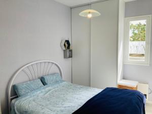 圣让-德蒙Maison des loriots, charme marin, plage à 100m的一间卧室配有一张带蓝色床单的床和一扇窗户。