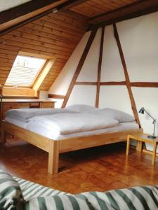 康斯坦茨Fewo Roos am See的窗户天花板的客房内的一张床位