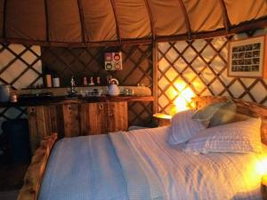 本布里奇Cosy and Inviting Waterside Luxury Yurt的蒙古包内一间卧室,配有一张床