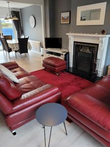邓法纳希Anchor, Dunfanaghy的客厅配有红色真皮沙发和壁炉