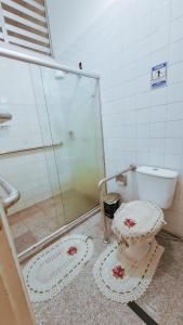 马瑙斯Aldeia Hostel的一间带玻璃淋浴和卫生间的浴室