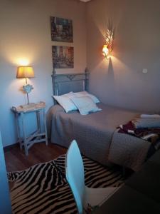 比利亚维西奥萨-德奥东patricia的一间卧室配有一张床和一张带台灯的桌子