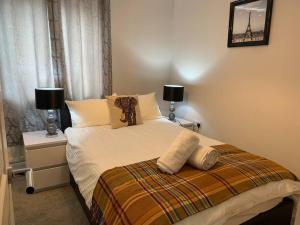 贝尔法斯特Luxury Modern Belfast City Centre 2 Bed Apartment的一间卧室配有一张带2个床头柜和2盏灯的床。