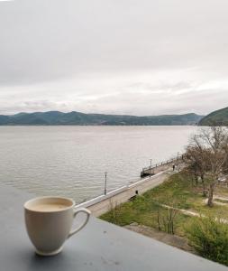 哥鲁拜克Dunavska panorama的坐在水边的桌子上喝杯咖啡