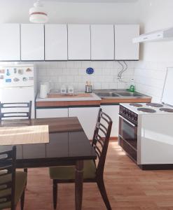 哥鲁拜克Dunavska panorama的厨房配有白色橱柜、桌子和炉灶。