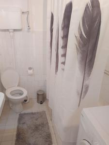 哥鲁拜克Dunavska panorama的浴室设有卫生间和淋浴帘上的羽毛