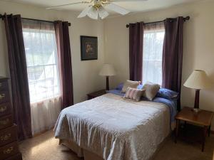 布卢明顿Large Country Home的一间卧室设有一张床和两个窗户。