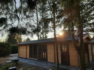 皮滕Kom tot rust op de Veluwe in nieuwe unieke blokhut的小木屋,阳光照耀着树林