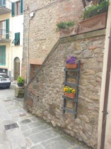 安布拉Helga's House- Una Finestra sul Borgo的石墙,上面有鲜花架子