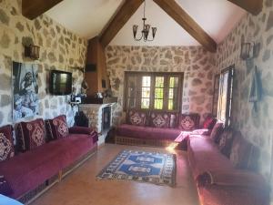 艾兹鲁Joli Chalet dans une ferme Pour familles exclusivement près ifrane的客厅配有紫色沙发和电视