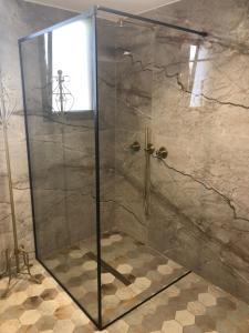 Umm el Shufלאורה的浴室里设有玻璃门淋浴