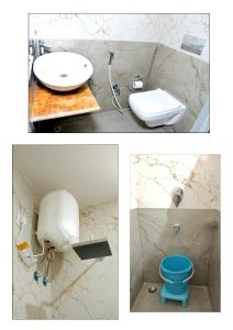 埃尔加德Hotel R Inn Yercaud的浴室设有水槽和卫生间,两幅图片