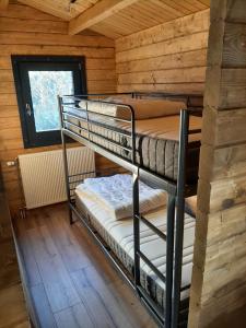 皮滕Kom tot rust op de Veluwe in nieuwe unieke blokhut的小屋内的双层床间 - 带两张双层床